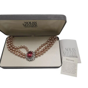 Nolan Miller Glamour Collection Faux Pearl Necklace Pink Clear Rhinestone Accent